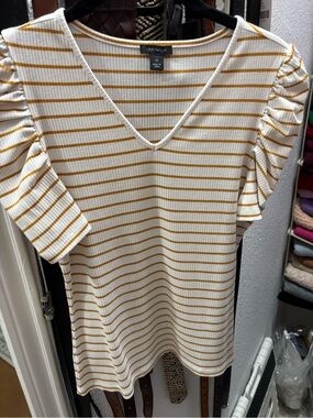 Ann Taylor Cream and Mustard Striped V-Neck Puff Sleeve Top